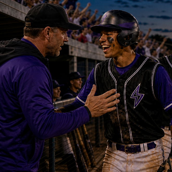 Coach congratulating a smiling baseball player in the dugout