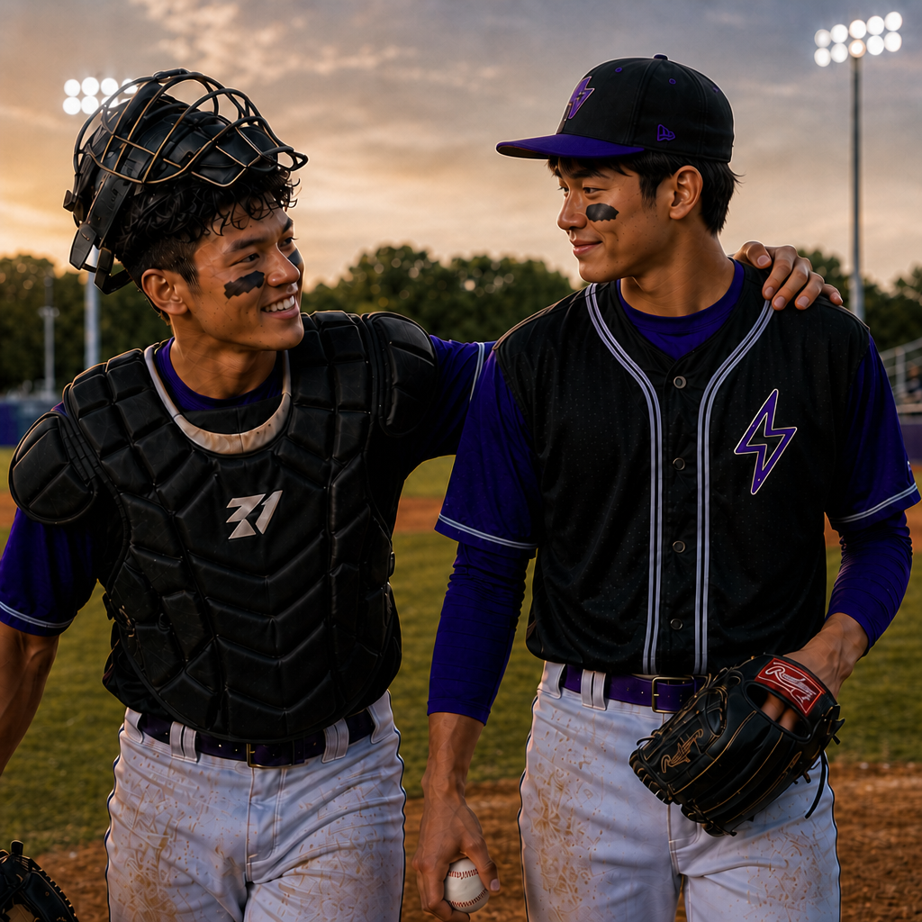 Catcher and teammate smiling as they walk off the field