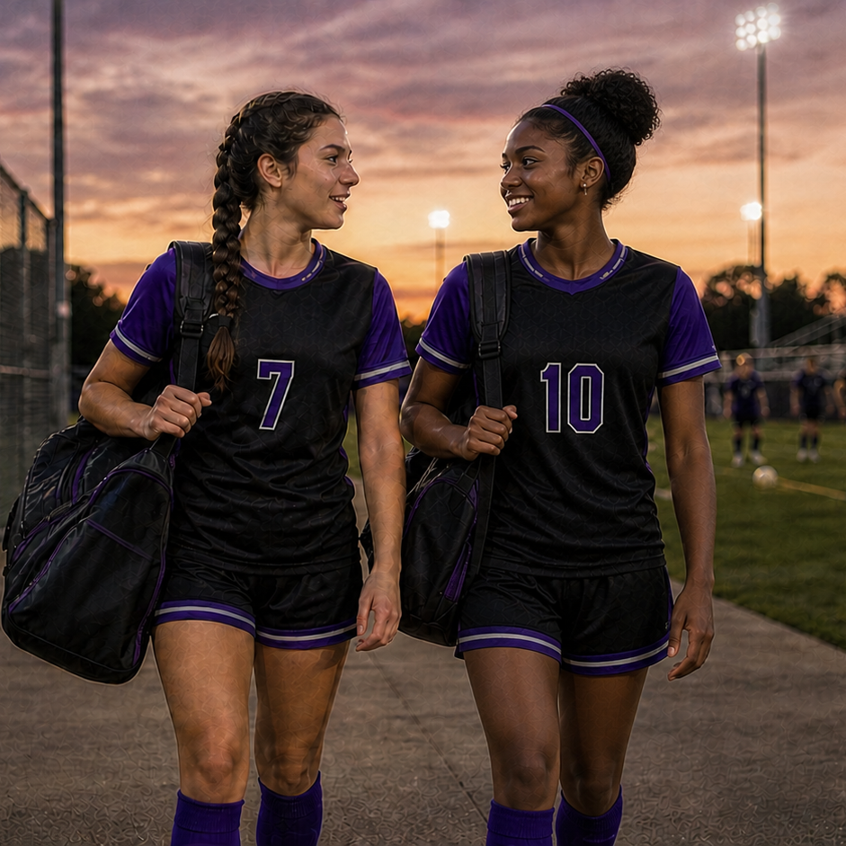 Two soccer teammates walking off the field at sunset